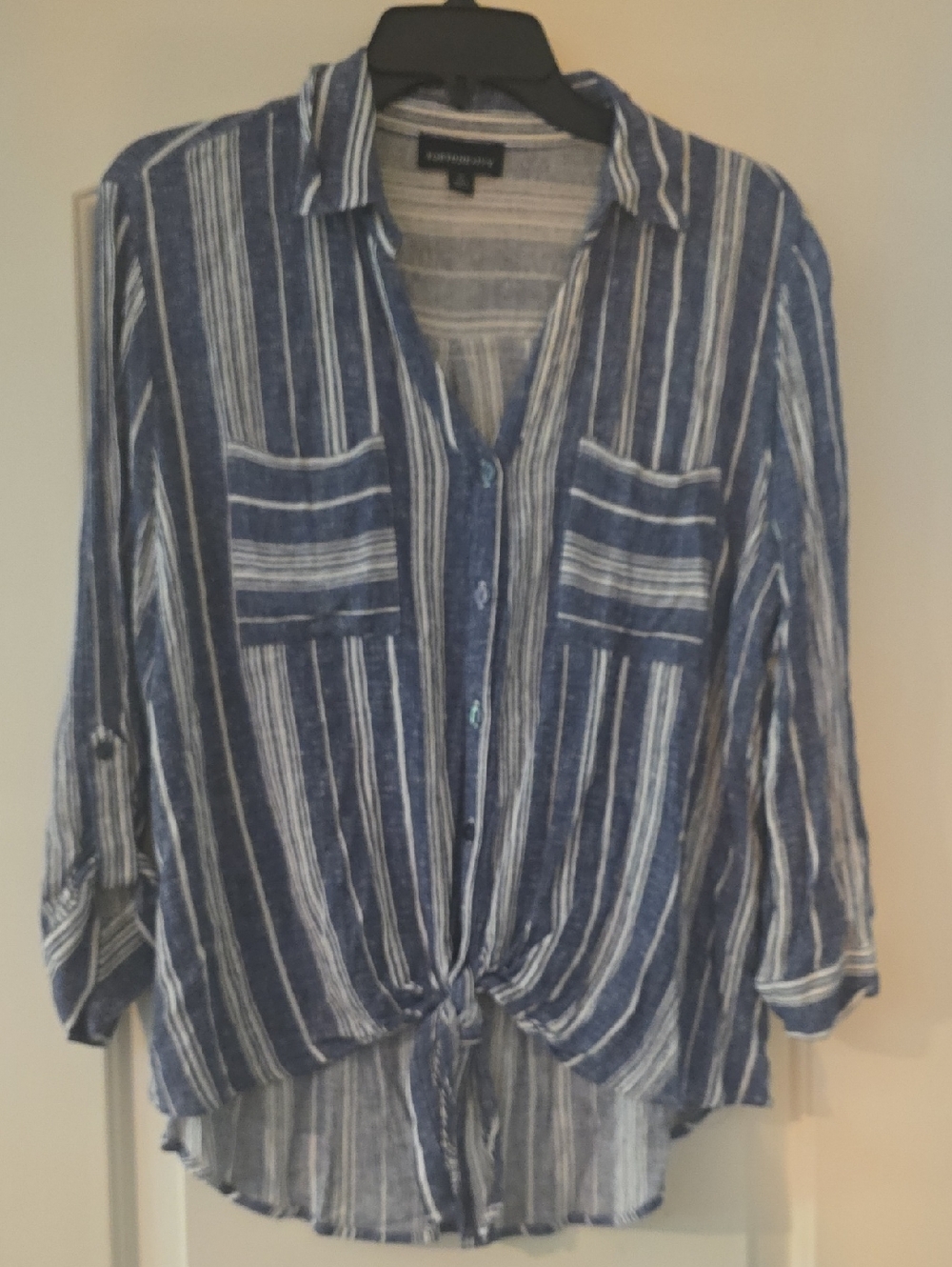Curated Blue & White Striped Tie-Front Button Down Shirt